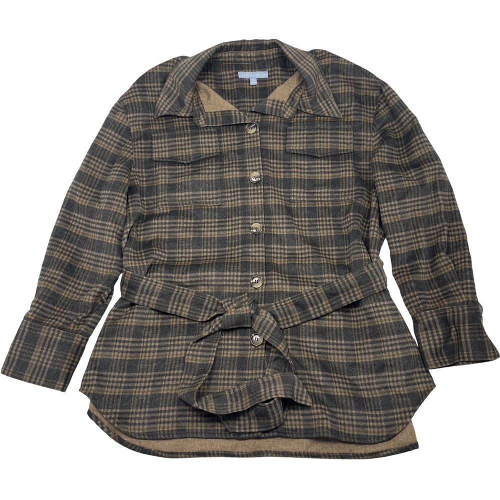 Antonio Melani Womens XL Brown Tartan Plaid Belted Shacket Shirt Jacket Layering
